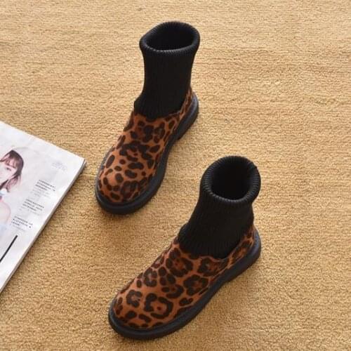 Shoes Woman Spring and Autumn Flat Heel Ankle Boots Leopard Socks Flat Womens Platform Shoes Short Snow Boots Ankle-Style