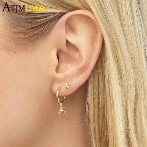 Minimal oval cz Cowhorn Hoop Earring 100% 925 Sterling silver delicate dainty multi piercing earrings for women girls 2020 new