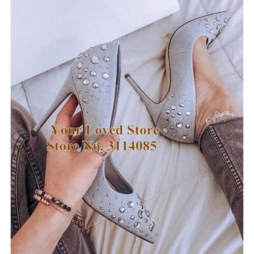 Women New Arrival Sky Blue Denim High Heel Shoes Glittering Crystal Dress Pumps Shallow Stiletto Heels Gladiator Shoes Dropship