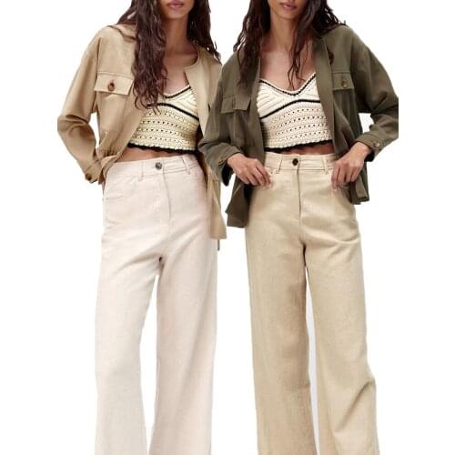 ZA summer new womens clothing all-match casual button flap patch pocket decoration round neck long-sleeved cardigan jacket