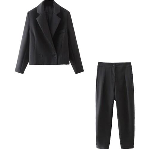 Women Vintage Crop Double Breasted Blazer Coat Black Fashion Notched Collar Long Sleeve short Blazer Female Outerwear Chic Tops