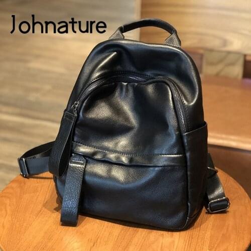 Johnature 2020 New High Quality Genuine Leather Backpack Simple Solid Color Women Bag Large Capacity Soft Cowhide Travel Bags