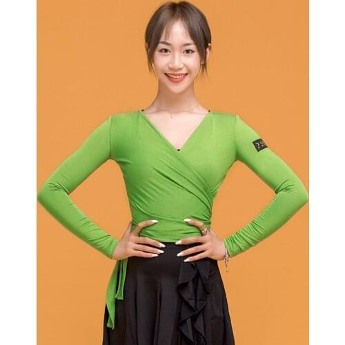 Latin Dance Top Women Long Sleeve Sexy V Collar Ladies Cha Salsa Rumba Samba Practice Performance Dancewear Clothing DN3629-1