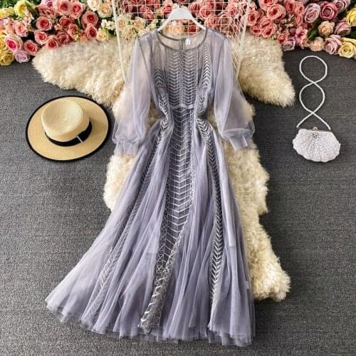 2021 Summer Elegant Ladies Temperament Round Neck Perspective Dress Long Sleeve Tunic +Sling Sundress Slimming Gauze Dress zh857