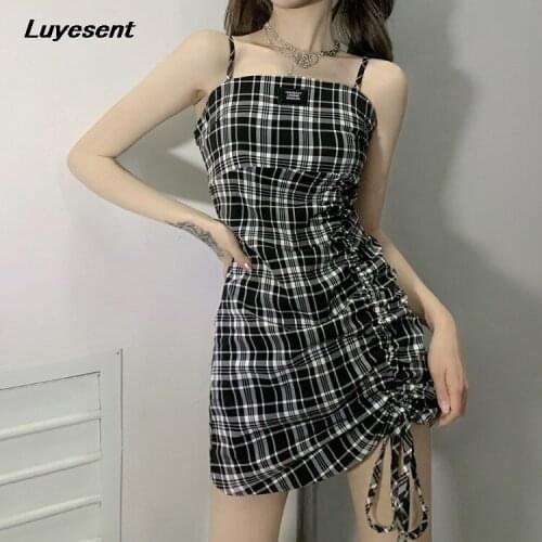 Vintage Lady Black White Plaid Mini Dress Summer Draw String Backless Sleeveless Dresses Harajuku Gothic Korean Fashion Cloth
