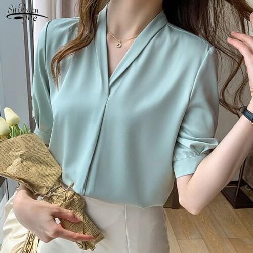 2021 Summer White Shirts For Women Korean Short Sleeve Satin Blouses Women Casual Loose V-neck Loose Office Lady Tops New 14344