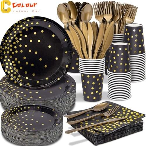 Birthday Hot black Gold Paper Towel Napkin cup plate spoon Fork Party Tissue Birthday Wedding Decoration