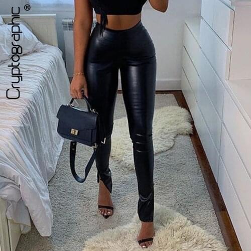 Cryptographic Chic Fashion High Waist PU Leather Trousers Pants Fall Winter Streetwear Bottom Sexy Club Party Flare Pant Bodycon