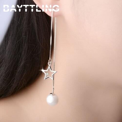 BAYTTLING 925 Sterling Silver Long Box Chain Charm Pearl Star Earrings For Women Fashion Wedding Jewelry Party Gift