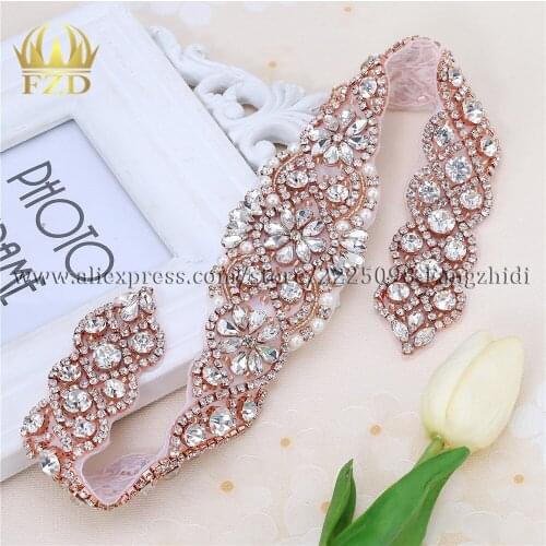 FZD 1 Piece Sew on Rose Gold Beaded Crystal Applique Rhinestones Decorative Trim for Bridal Dress Sash or Headbands