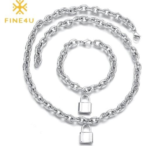 FINE4U N526 Stainless Steel Lock Pendant Necklace Bracelet Set Punk Padlock Jewelry Sets For Men Women