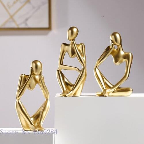 Creative Resin Sculpture Golden Thinker Thinking Abstract Hollow Figure Handicraft Furnishings Modern Home Decoration Figurines