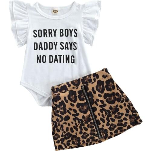 2 Pcs Newborn Summer Outfits Baby Girl Letter Print Short Sleeve Round Neck Romper + Leopard Zipper Skirt