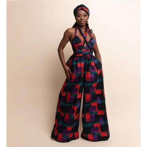 Fashion DIY Bandage African Dashiki Print Jumpsuits Women African Clothes Boho Rompers Long Pants Party African Dresses Women