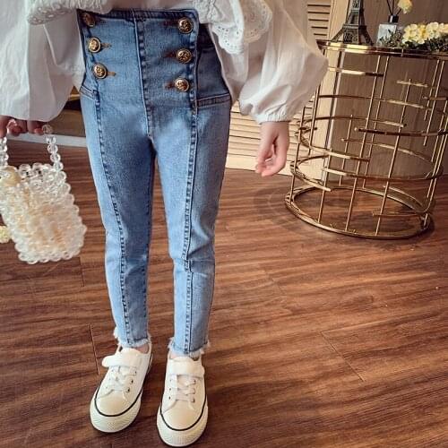 Fashion Blue Jeans for Girls Teenage School Jeans Children Button Waist Denim Pants Kids Trousers for Girls Kids Clothes 4-13T
