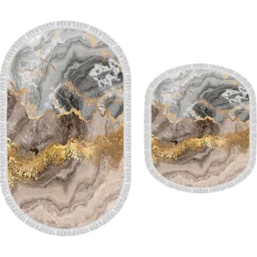 Oval Fringed 2 Pieces Bathroom Mat Set Cream-Gold Color Non Slip - Velvet Digital Print - 60*100 cm / 60*50 cm - LAVA LIFE