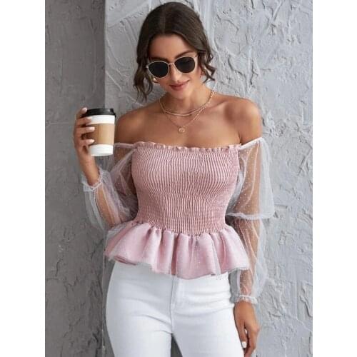 New Fashion Sheer Long Sleeve Lace Frill Blouser Tops Sexy Off Shoulder Blouse Women Mesh Flare Sleeve Shirts Summer