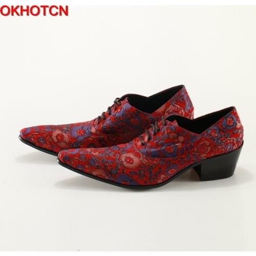 OKHOTCN Red Blue Floral Shoes Men Leather Pointed Toe Lace Up Wedding Dress Shoes For Men Evening Party Sapato Social Shoe