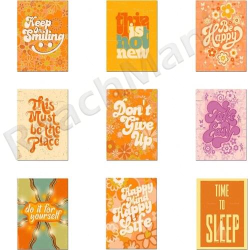 Happy Mind and Happy Life Poster, 70s decorative retro poster, 70s floral pattern retro home decoration, hippie print 70s mar