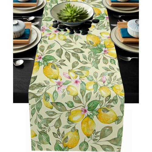 Luxury Table Runner Watercolor Lemon Flower Pattern Birthday Party Hotel Dining Table High Quality Cotton and Linen Table Cloth