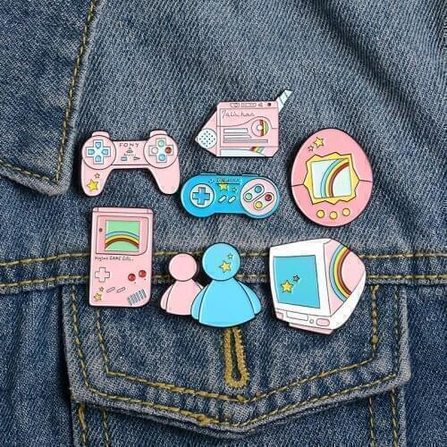 Pink Game Enamel Pins Vintage Display Gashapon Gamepad Brooch Lapel Pin Shirt Bag Old-School Badge Fun Jewelry Gift Friend