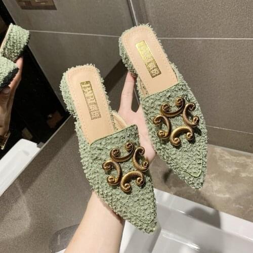 2021 Summer Knitting Women Slipper 3 Cm Low Heel Slides Female Pointed Toe Square Heel Sandal Vacation Flip Flops mujer Shoes