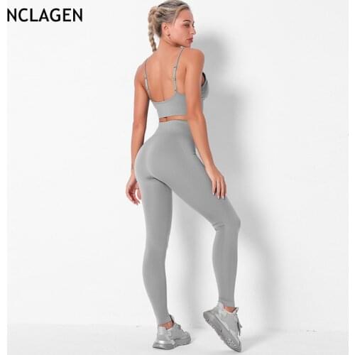 NCLAGEN Seamless Sports Suit Two-piece Yoga Set Fitness Leggings High Waist Top Push-up Knitted Gym Workout Running Sportwear
