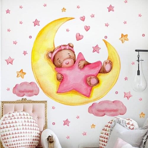 Sleeping Moon Bear Wall Stickers for Babys Room Children Bedroom Kid Room Decoration Wall Decor Removable PVC Sticker Home Decor