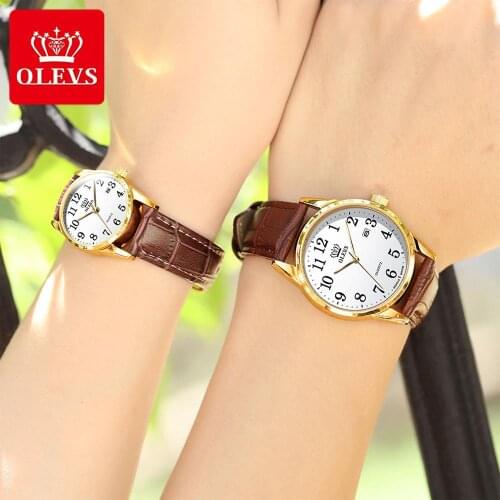 OLEVS Couple Watch Waterproof Fashion Quartz Watches Casual Luxury Dress Genuine Brown Leather Wristwatch Lover Watch Gifts Set