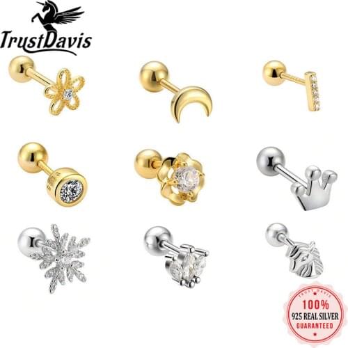 Trustdavis Real 925 Sterling Silver Fashion Cross Flower Crown Beads Screw Stud Earrings For Women Wedding Fine Jewelry DA2276