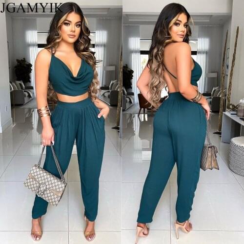 JGAMYIK Summer Two Piece Set Women Backless Crop Top Loose High Waist Harem Pants Sexy Vacation Outfits Stretch Hollow Out Cloth