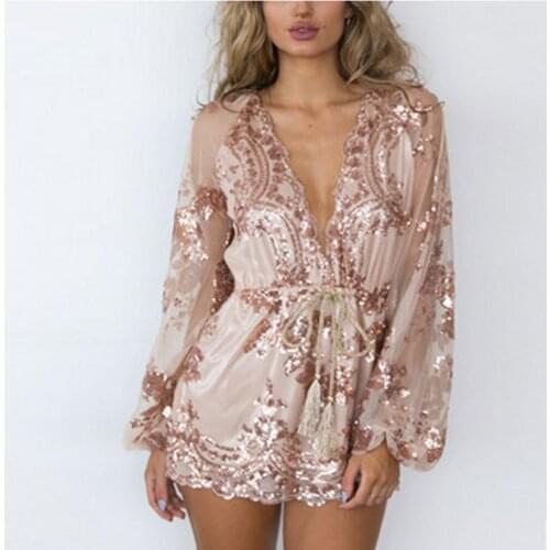 Sequin Playsuit Women Loose Sheer Overall Shorts Casual Women Playsuit Rompers