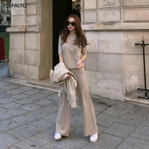 2021 Korean Fashion Knitting Two Piece Set Clothes Lounge Wear Women Summer Solid Short Sleeve O Neck + Lace Up Wide Leg Pants