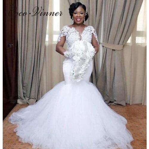 V neck Long Illusion Sleeve Tulle Mermaid Wedding Dresses Embroidery Appliques Custom Made Pure White Wedding Dress W0364