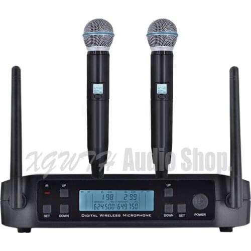 2 Double Channel UHF Karaoke Handheld Bodypack Wireless Microphone Frequency Adjustable Professional System