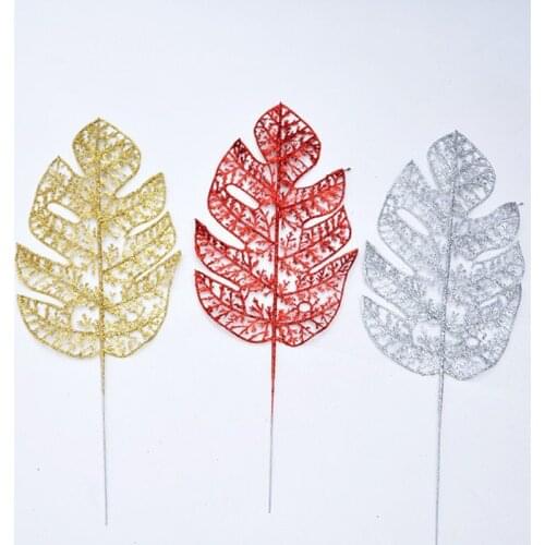 20pcs 42CM For christmas decoration artificial plastic Monstera leaf Xmas leaves gold dust powder silver red