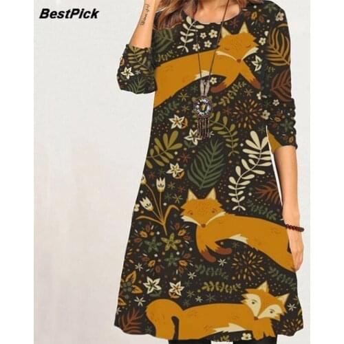 2021 Elegant Women Fox Animal Print Midi Dress Autumn Vintage O Neck Dresses Ladies Long Sleeve Casual Plus Size Vestidos 5XL