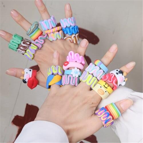 AOMU 2Pcs/Set 2021 Ins Handmade Ceramic Clay Cute Colorful Stripe Wide Ring Flower Mushroom Mouth Rings for Women Jewelry Gifts