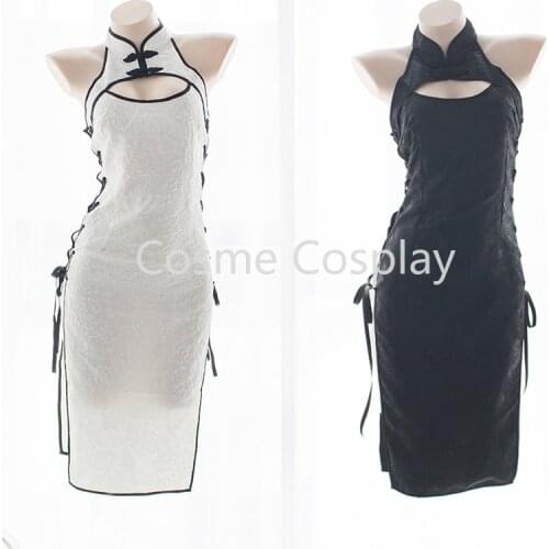 Cos Anime Cosplay Costume Vintage Cheongsam White Open-Chest Floating Pattern Rose Jacquard High Split Sexy Dress Qipao Black