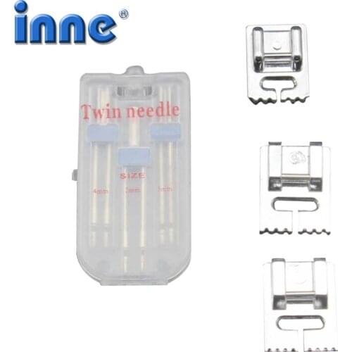 INNE 3pcs 2/90 3/90 4/90 Double Twin Needle Pins With Sewing Groove Presser Foot for Needlework Craft Stainless Steel Needles