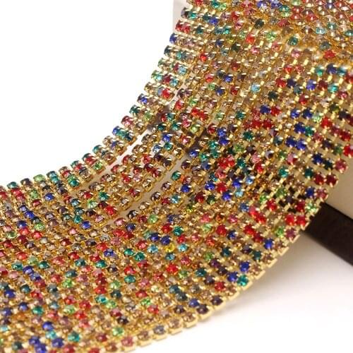 10Yard Multicolor Claw Crystal Rhinestones Chain Gradient DIY Dense Gold Base Rhineston Chain Garment&Bag Art Decoration