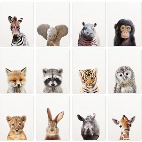 Cute Animal Post Canvas Painting Living Room Decoration Tiger Lion Rabbit Owl Fox Elephant Baby Nursery Wall Art Decor Pictures