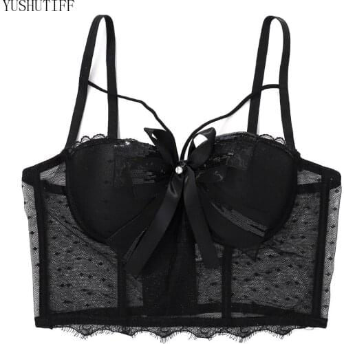 New Lace Mesh Bow Perspective Crop Tank Top With Built In Bra Top Femme Push Up Bralette Short Sexy Black Clothes for Nightclub