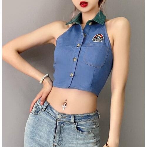Women Tank Top Close-Fitting Vest Blue Turn-Down Collar Sleeveless Off-The-Shoulder Camisole Top Streetwear