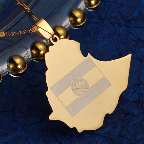 Stainless Steel Gold Color Trendy Ethiopia Map Flag Pendant Necklace for Women Ethiopian Maps Jewelry