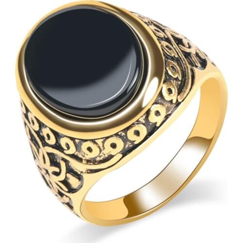 Fashion Simple Oval Resin Ring Vintage Gold-plated Engraved Pentagram Rattan Ring Mens Cocktail Casual Party Jewelry