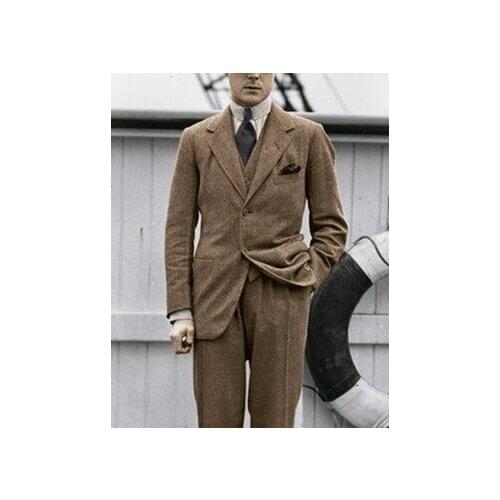 Retro mens suits tweed autumn and winter models thick daily casual groom wedding 3 piece jacket pants vest