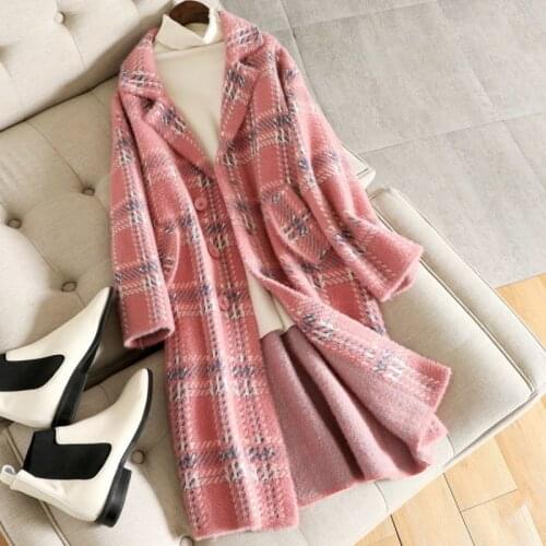 Mid-length Plaid Imitation Mink Velvet Coat 2020 Autumn Winter New Korean Loose Thick Women Knitted Sweater Cardigan Jacket H190