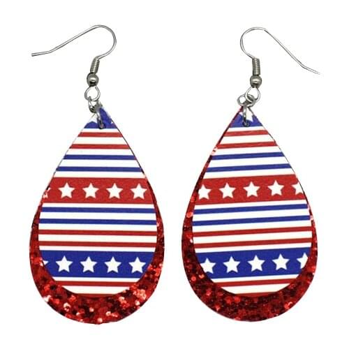 Patriotic July 4th Red White Blue Stars Stripes Flag Leather Earrings Glitter Double Layer Independence Day Teardrop Earrings