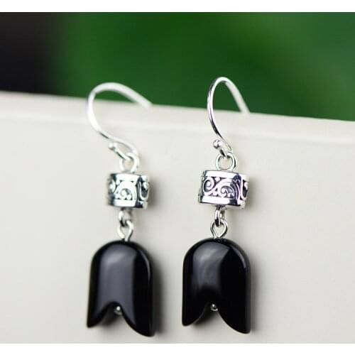 S925 silver jewelry wholesale Thai silver craft black beard agate creative female silver earrings